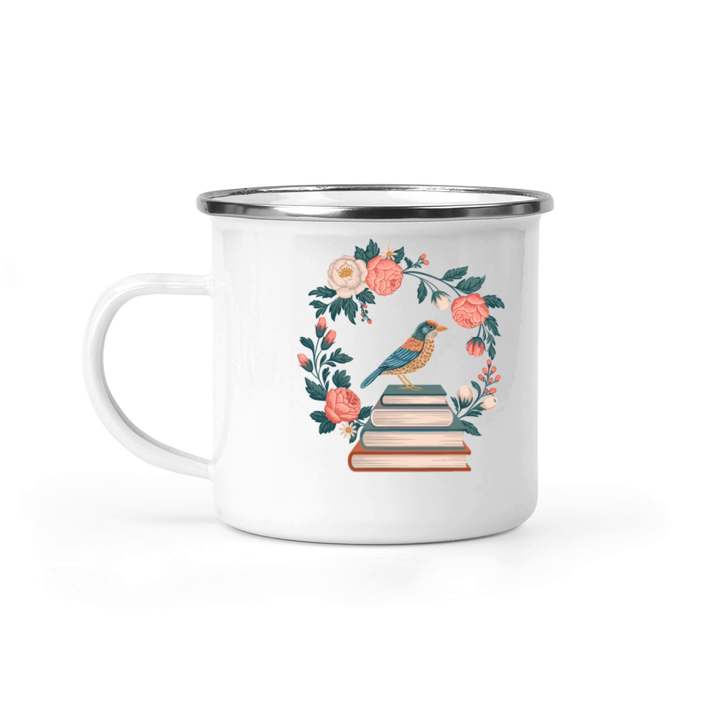 Cottagecore Bird on Books with Floral Wreath Camping Mug