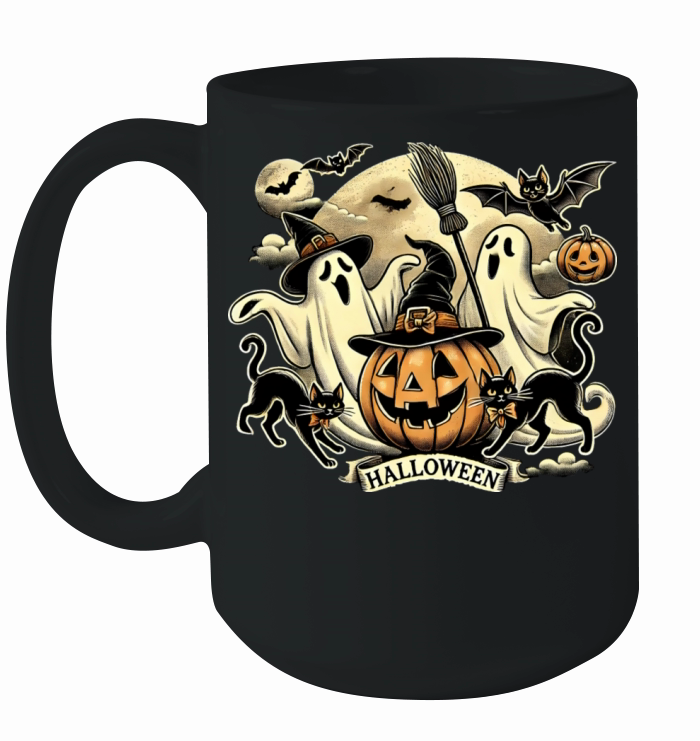 Vintage Halloween Ghosts and Black Cats Retro Ceramic Mug