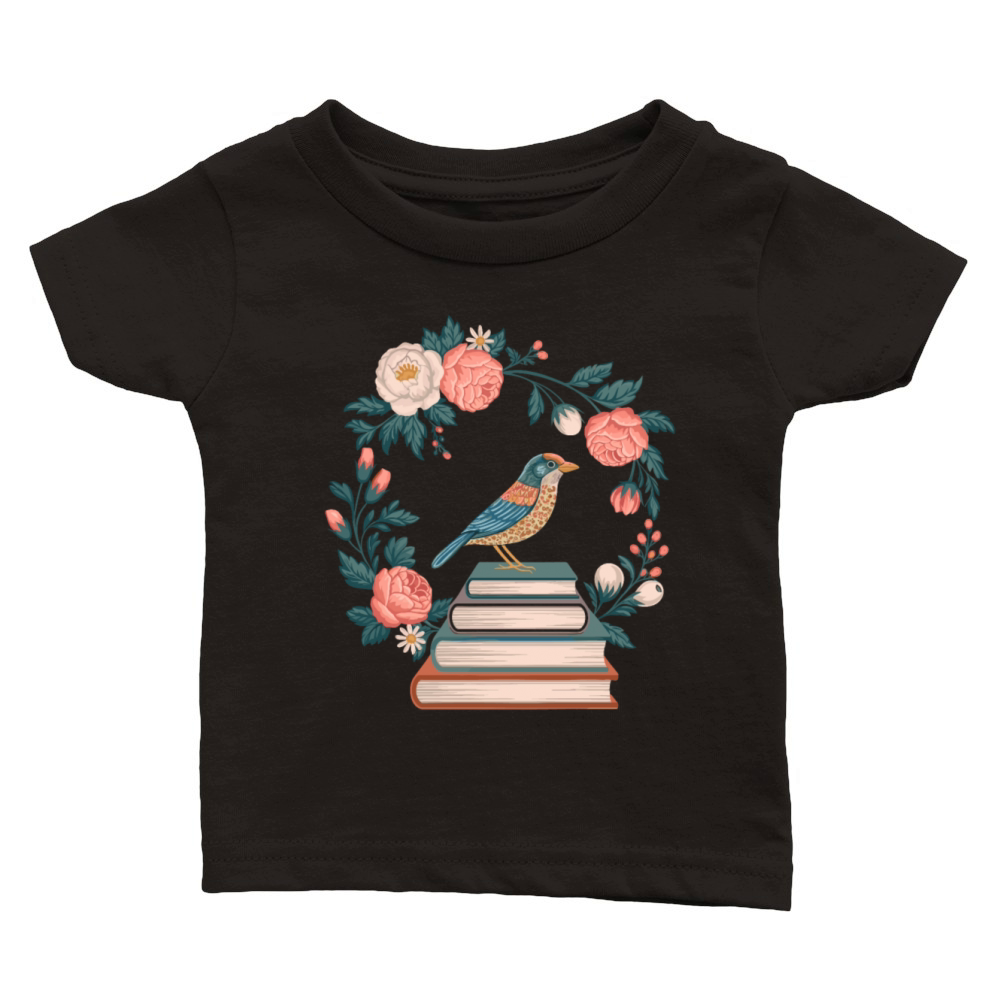 Cottagecore Bird on Books with Floral Wreath Classic Baby Crewneck T-shirt