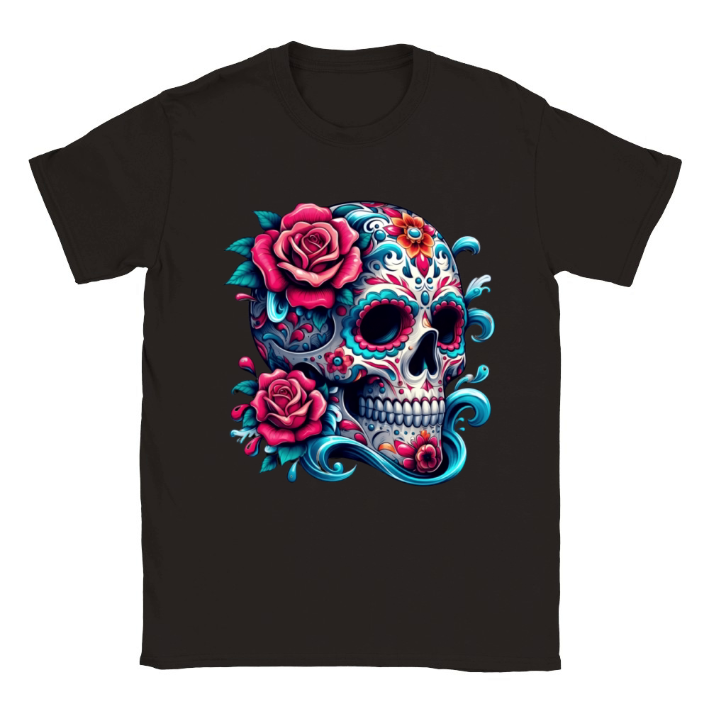 Vibrant Sugar Skull with Floral Elements Classic Kids Crewneck T-shirt