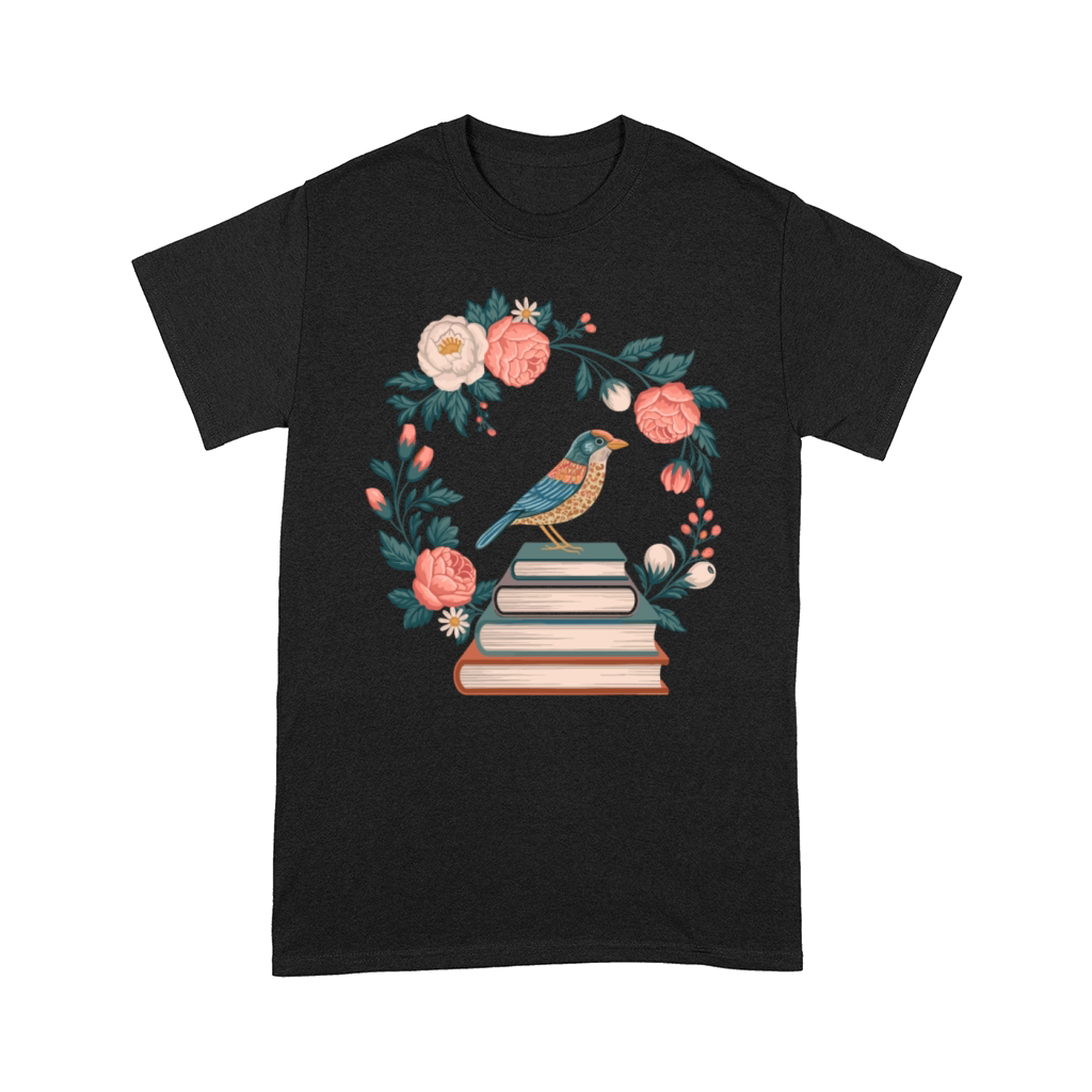 Cottagecore Bird on Books with Floral Wreath Comfort T-shirt