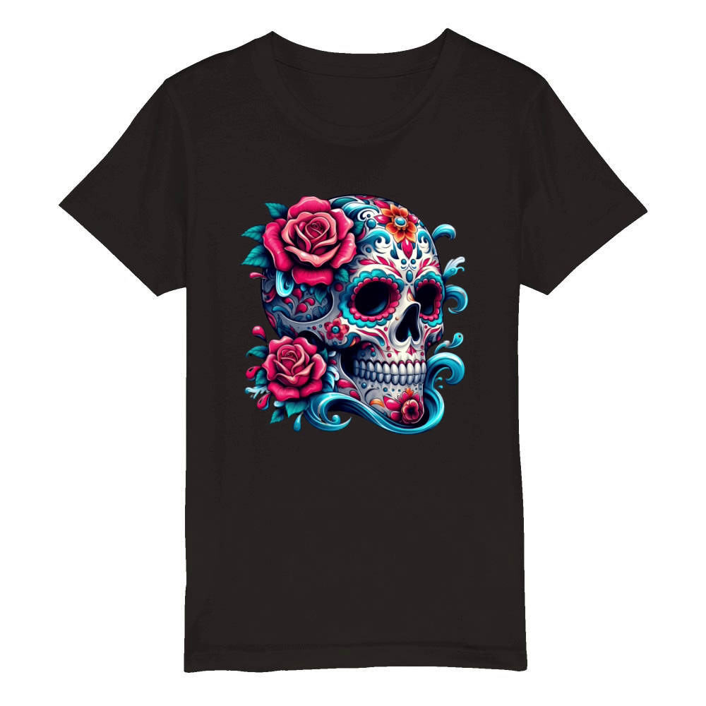 Vibrant Sugar Skull with Floral Elements Organic Kids Crewneck T-shirt