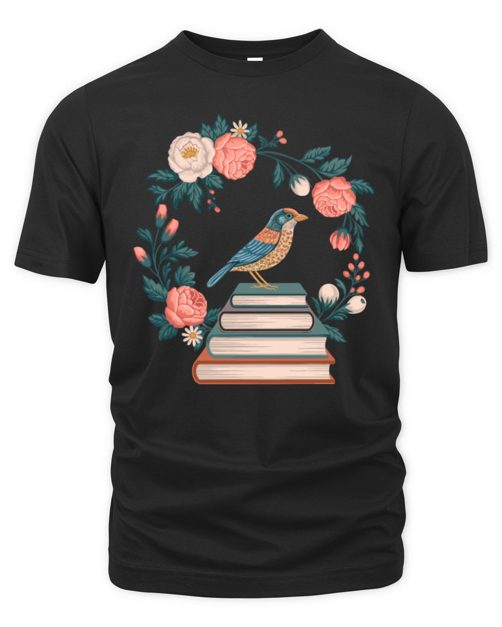 Cottagecore Bird on Books with Floral Wreath Organic Unisex T-shirt