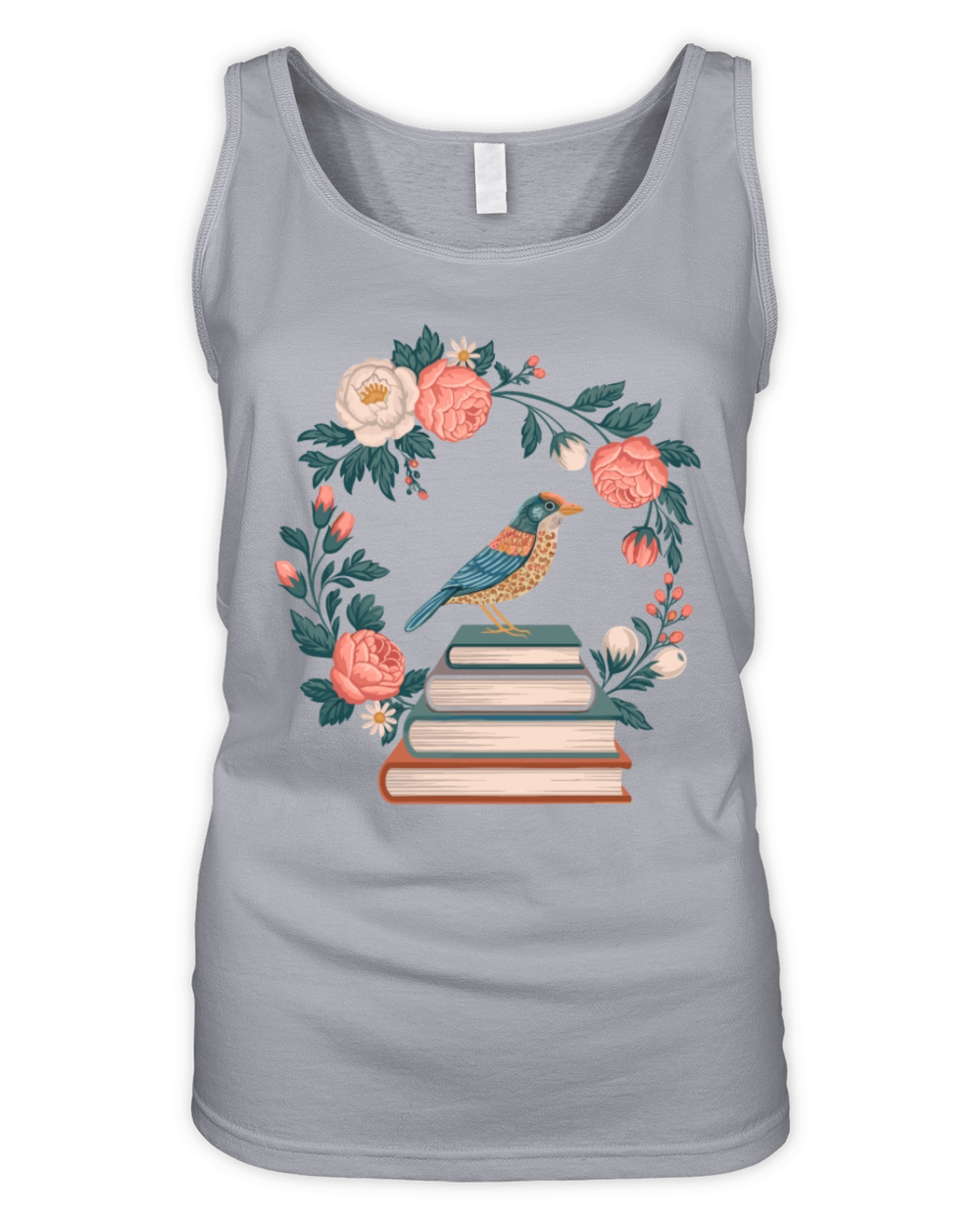 Cottagecore Bird on Books with Floral Wreath Organic Women's Tank Top