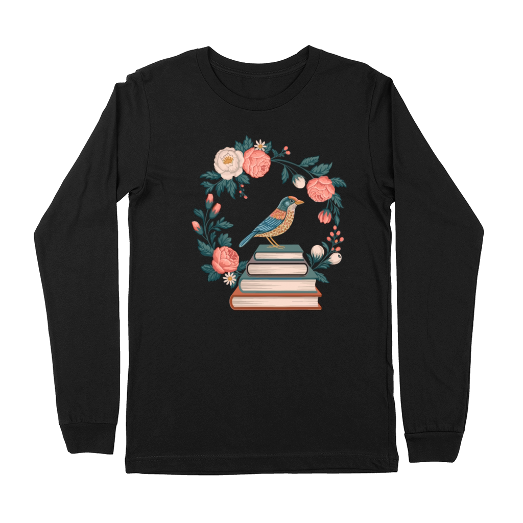 Cottagecore Bird on Books with Floral Wreath Premium Long Sleeve