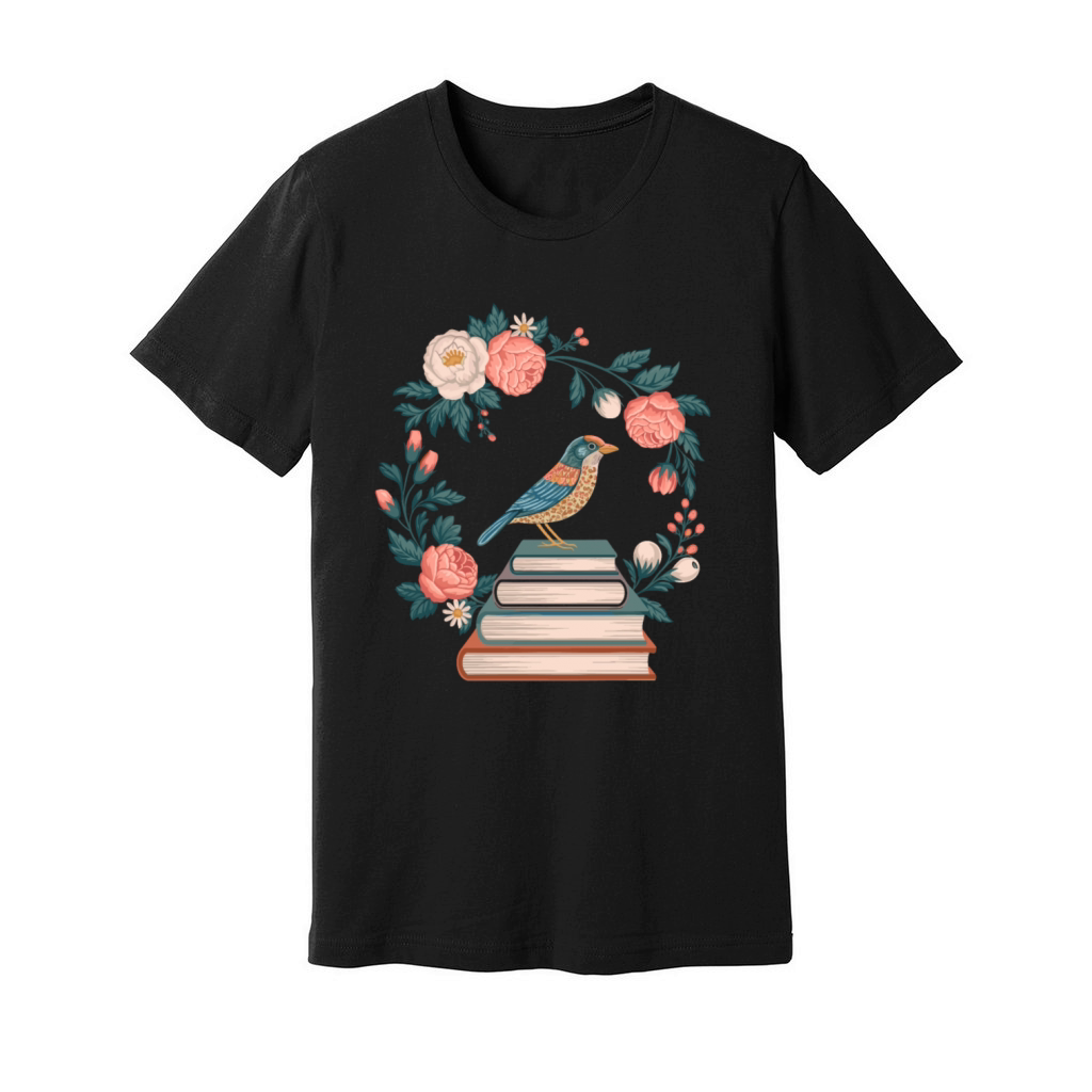Cottagecore Bird on Books with Floral Wreath Unisex Jersey Tee