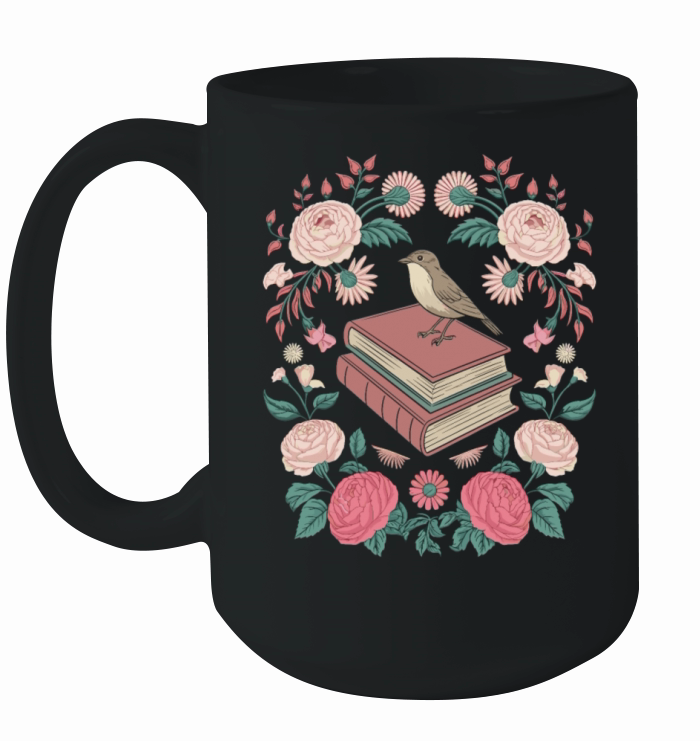 Cottagecore Bird and Books with Floral Elegance Ceramic Mug