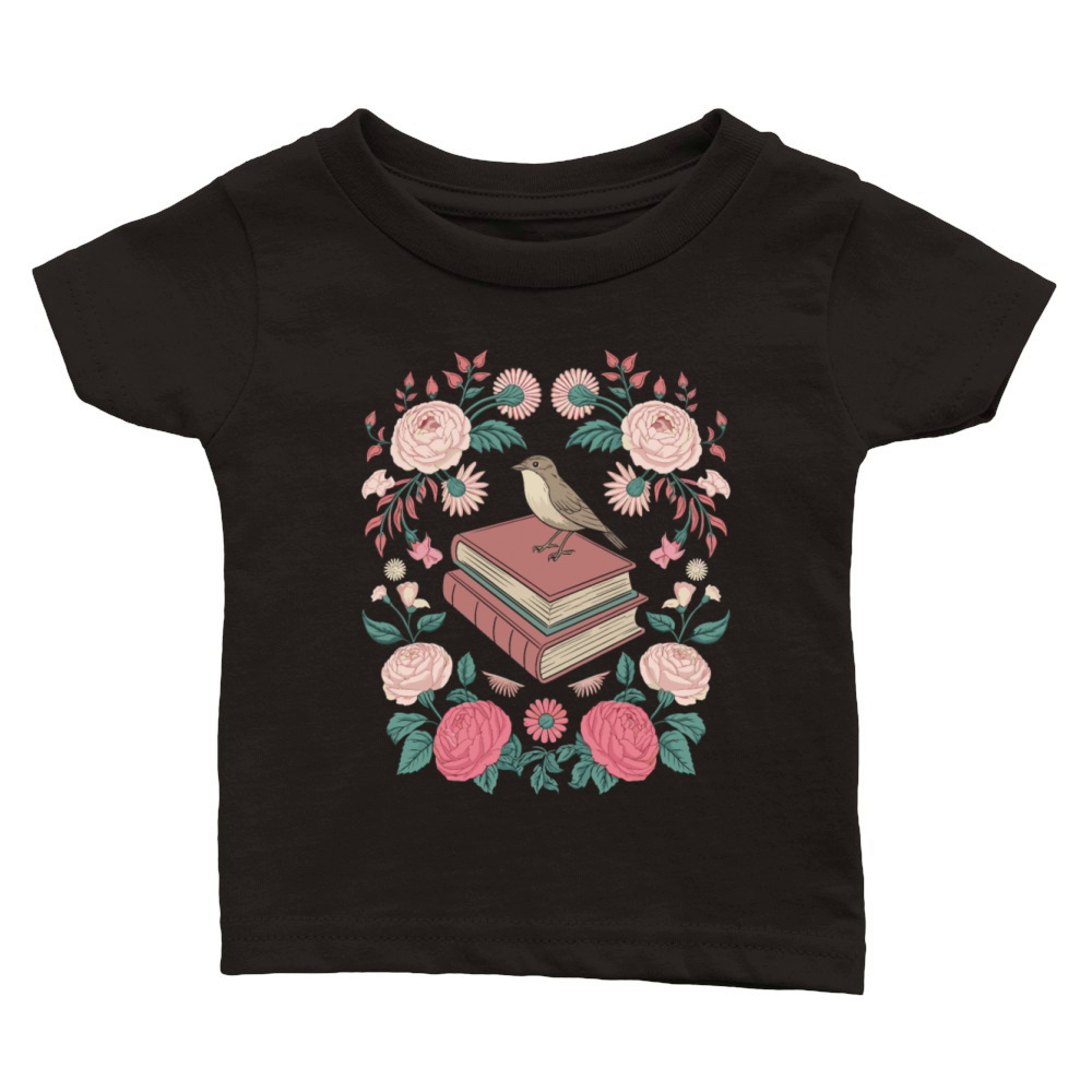 Cottagecore Bird and Books with Floral Elegance Classic Baby Crewneck T-shirt