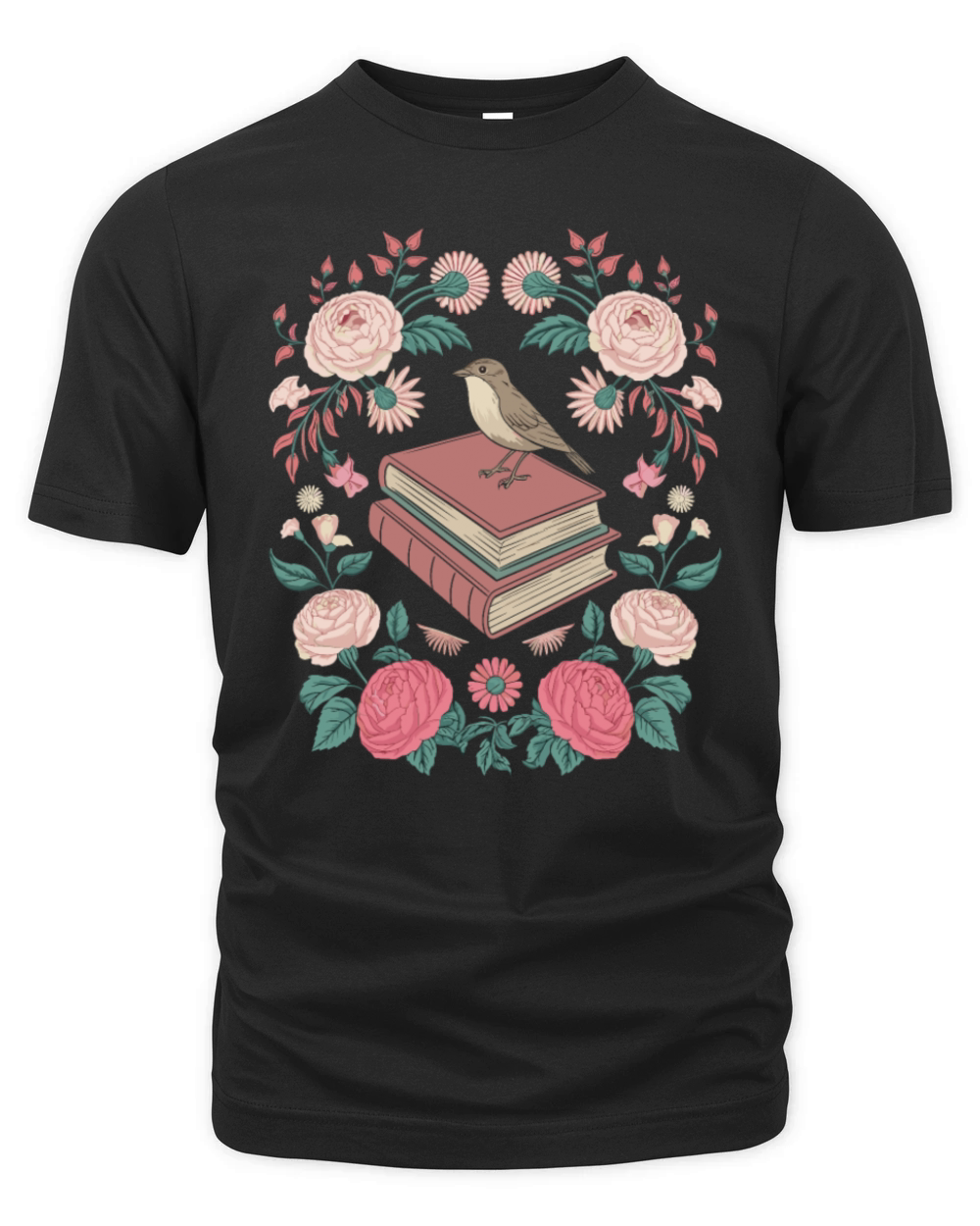 Cottagecore Bird and Books with Floral Elegance Organic Unisex T-shirt