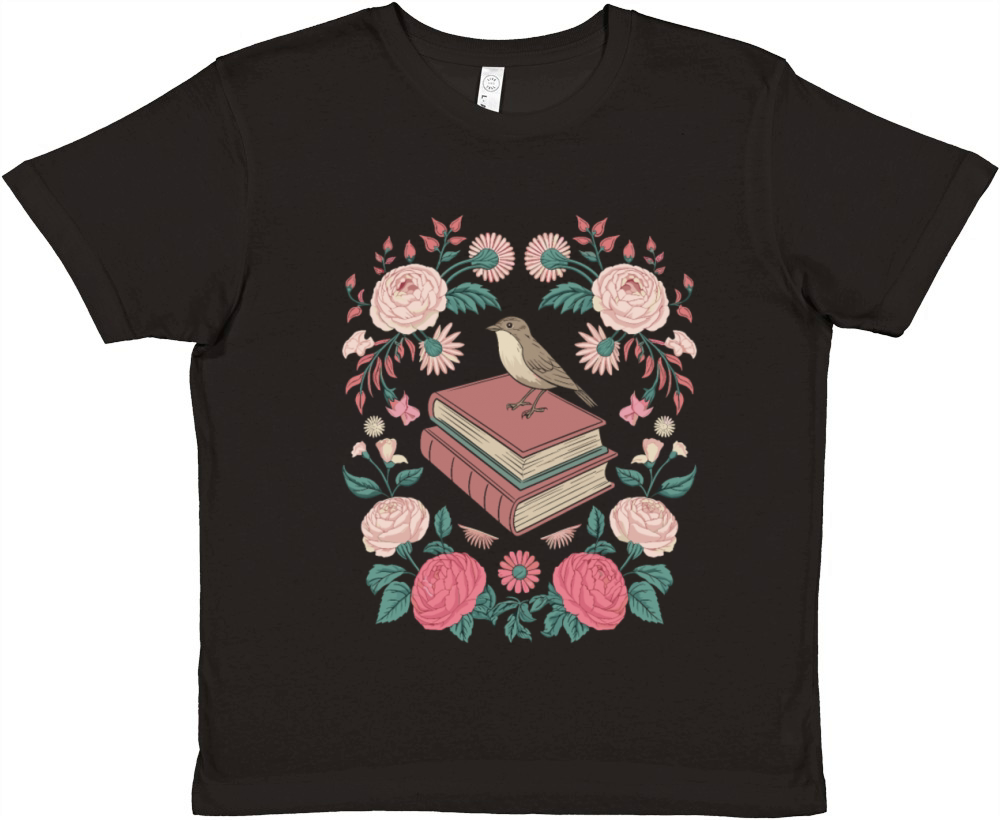 Cottagecore Bird and Books with Floral Elegance Premium Kids Crewneck T-shirt