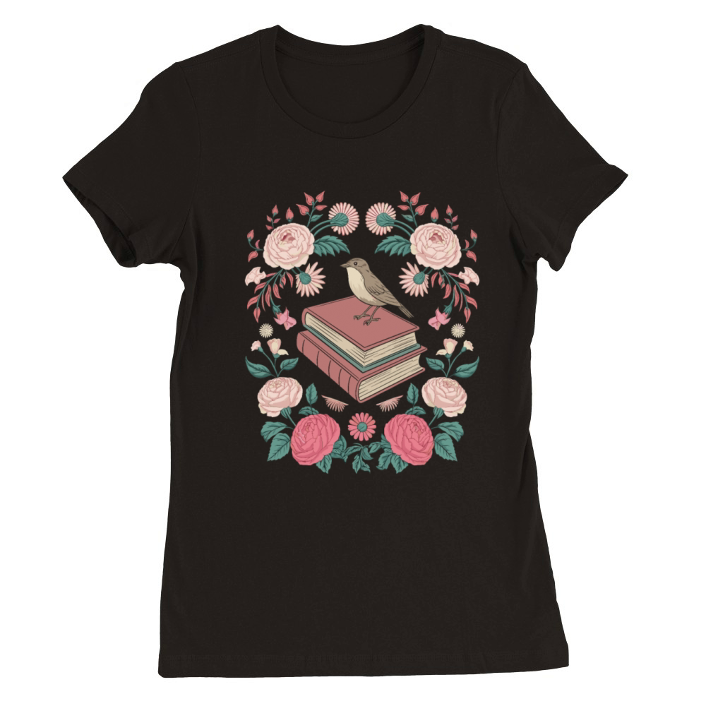 Cottagecore Bird and Books with Floral Elegance Premium Womens Crewneck T-shirt