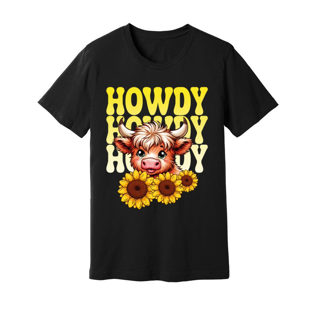 Howdy Howdy Howdy Highland Cow and Sunflowers Unisex Jersey Tee