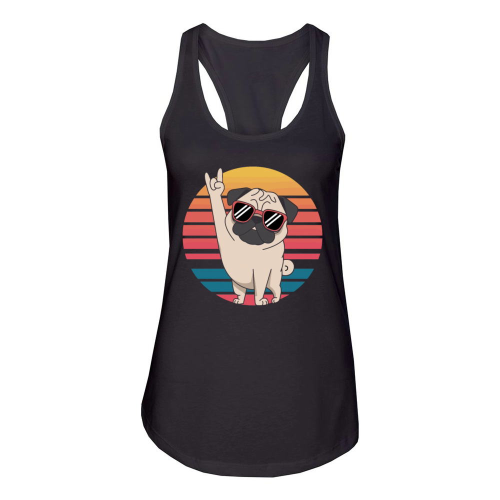 Retro Cool Pug with Sunglasses and Rock Hand Women's Racerback Tank