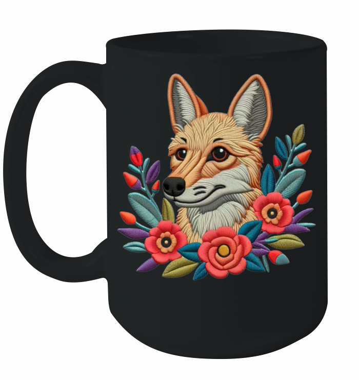 Charming Coyote with Floral Ornaments Ceramic Mug