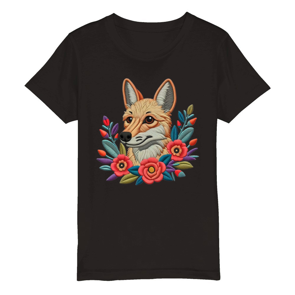 Charming Coyote with Floral Ornaments Organic Kids Crewneck T-shirt