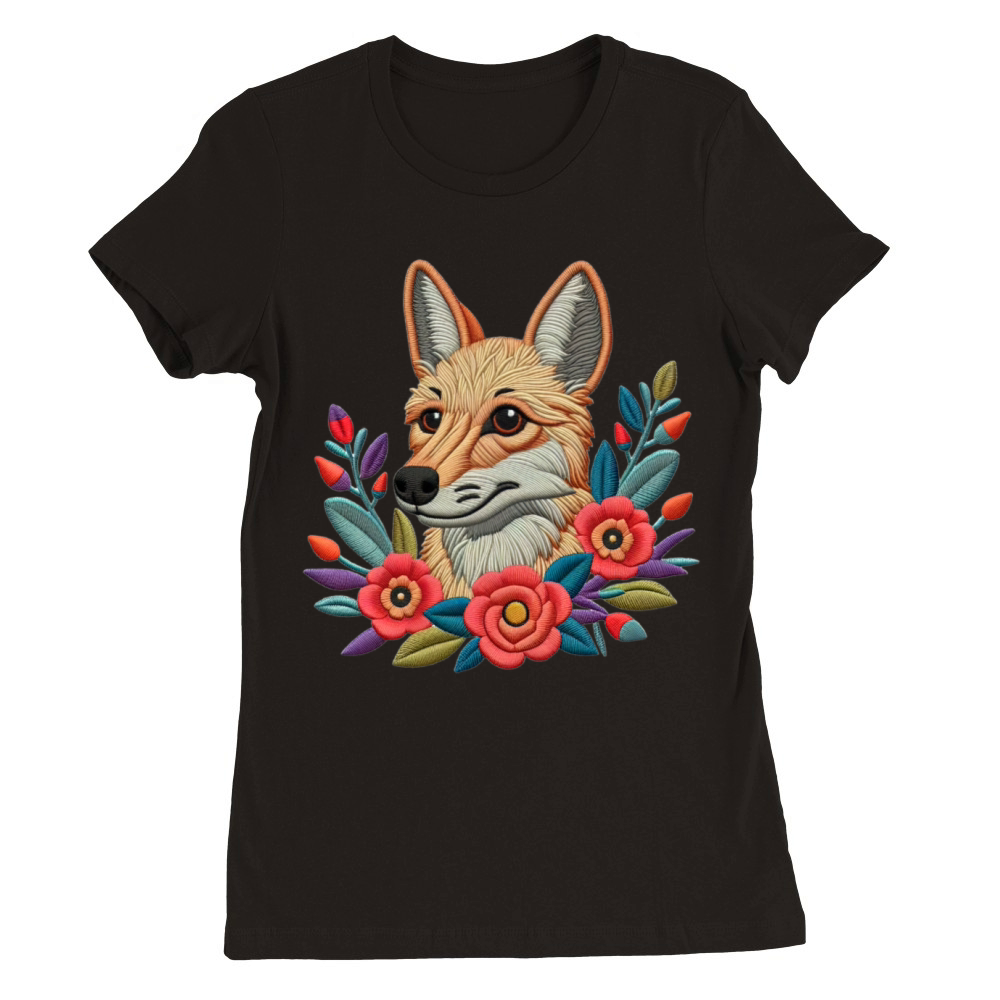 Charming Coyote with Floral Ornaments Premium Womens Crewneck T-shirt