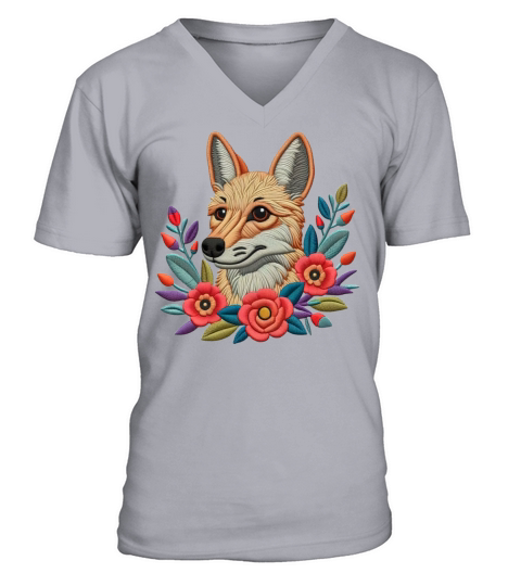 Charming Coyote with Floral Ornaments V-Neck T-shirt