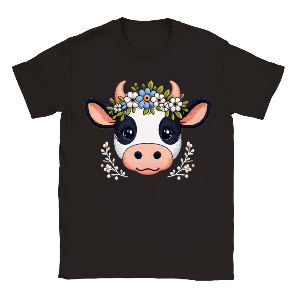 Charming Cow with Floral Ornaments Classic Kids Crewneck T-shirt