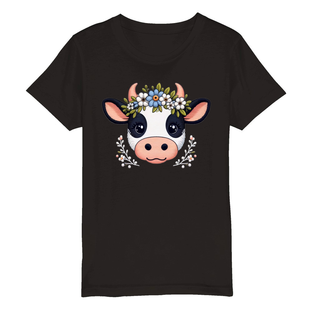 Charming Cow with Floral Ornaments Organic Kids Crewneck T-shirt