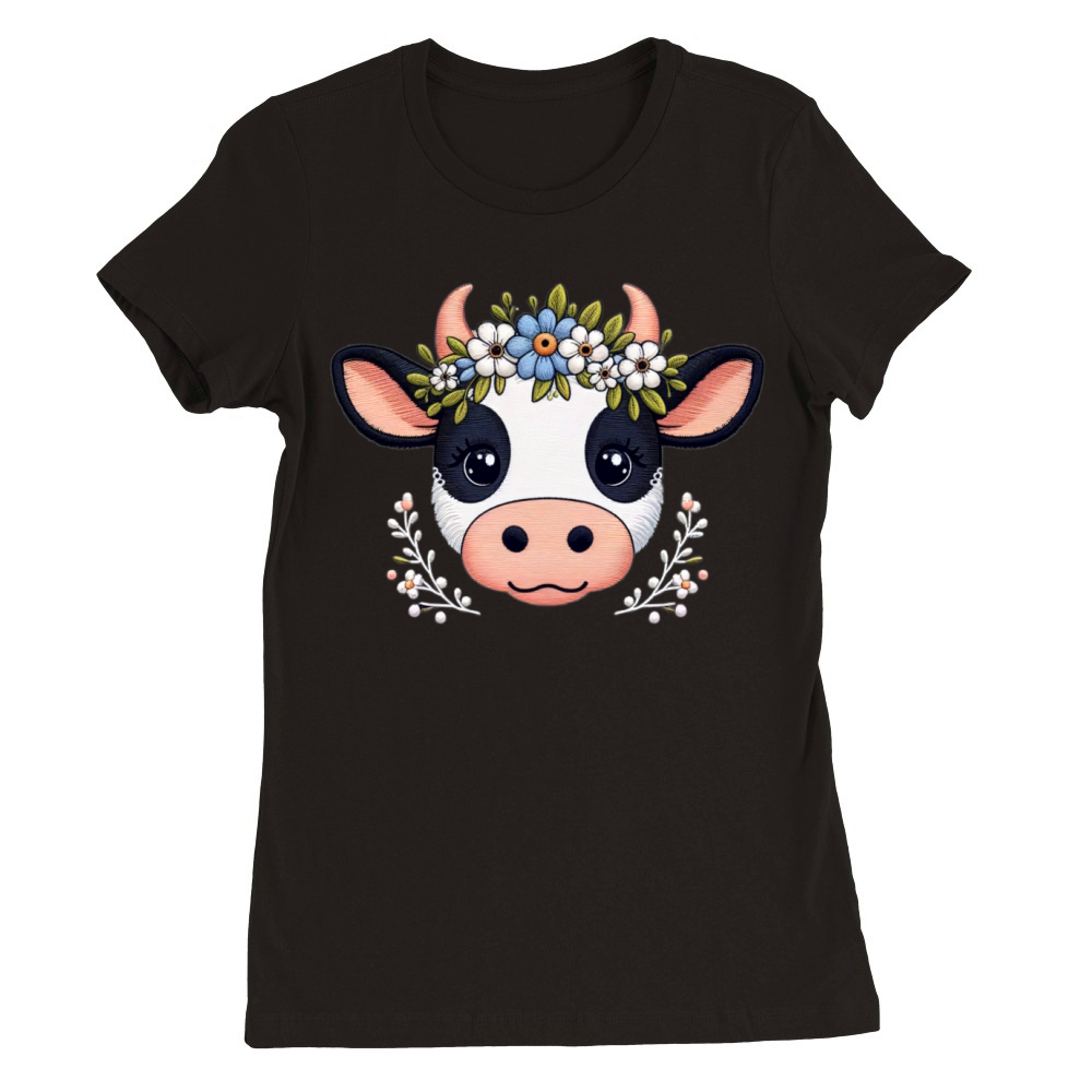 Charming Cow with Floral Ornaments Premium Womens Crewneck T-shirt