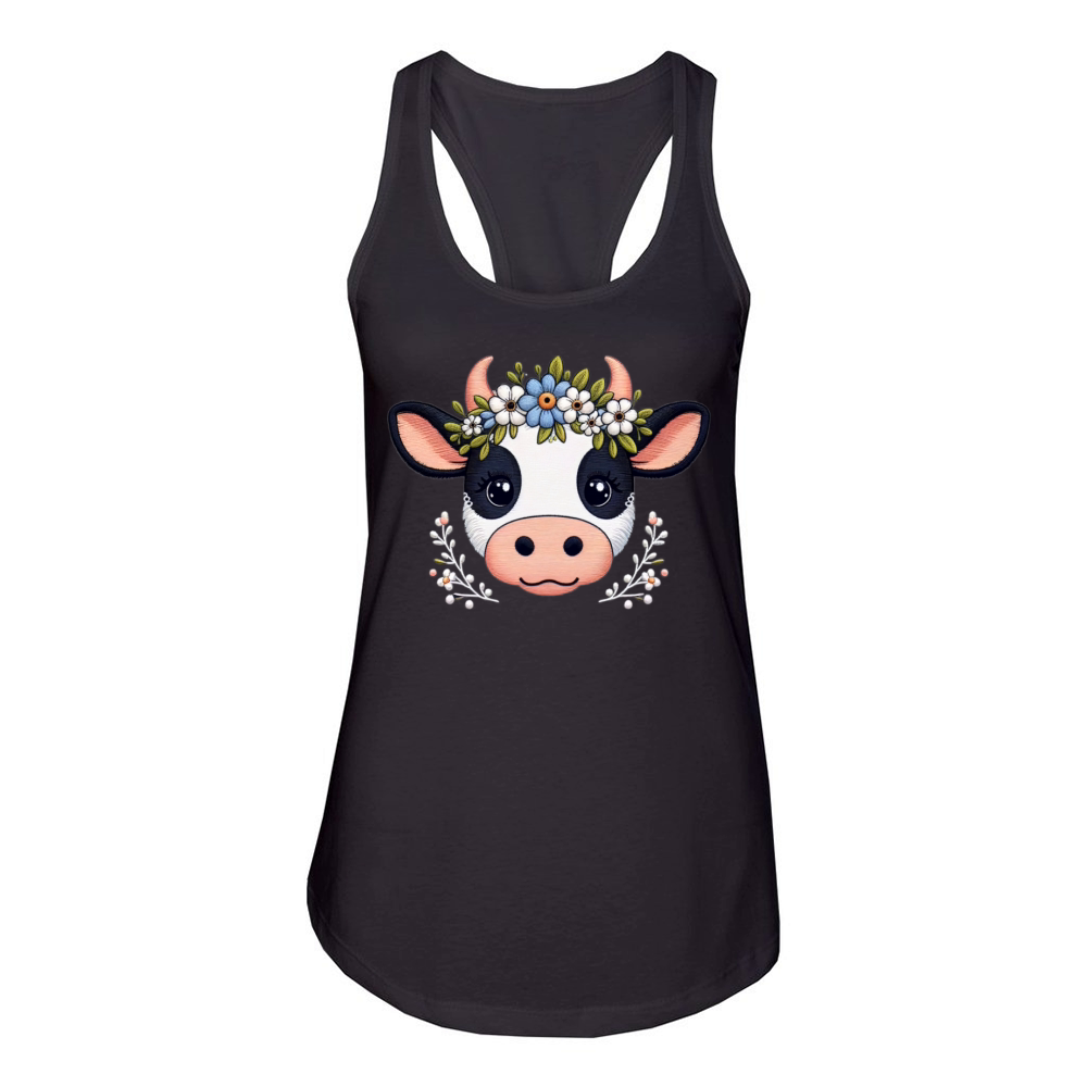 Charming Cow with Floral Ornaments Women's Racerback Tank