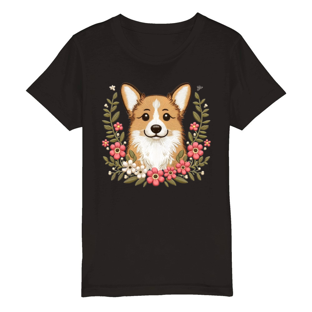 Charming Corgi with Floral Ornaments Organic Kids Crewneck T-shirt
