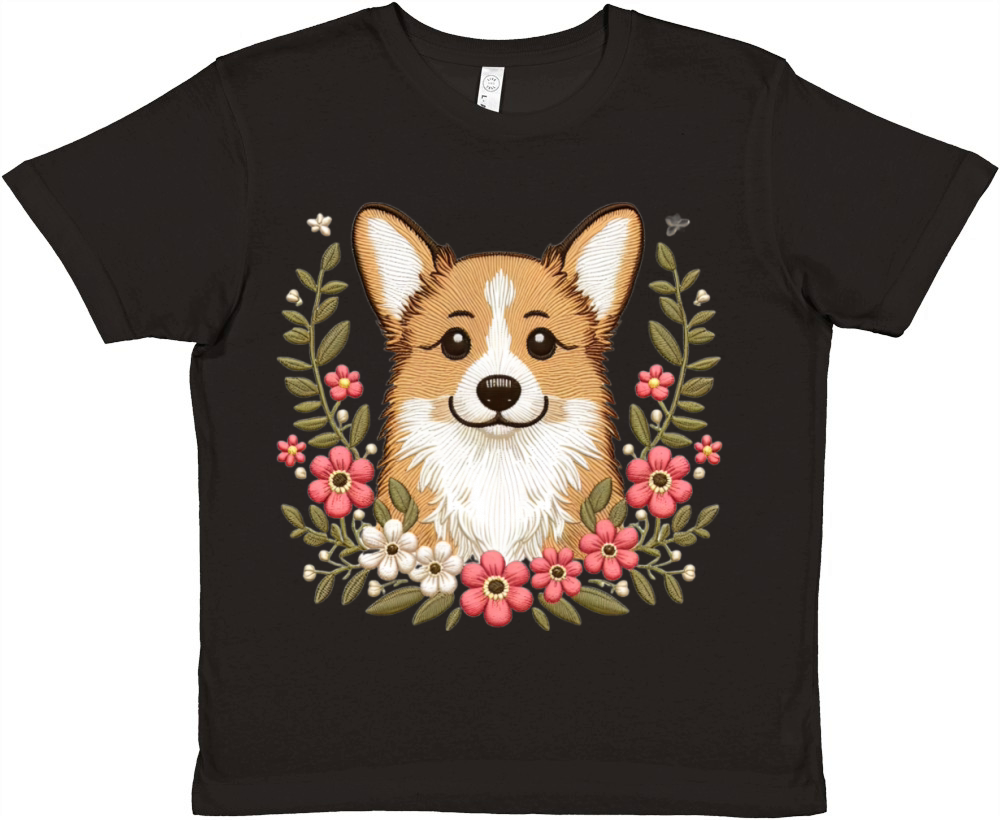 Charming Corgi with Floral Ornaments Premium Kids Crewneck T-shirt