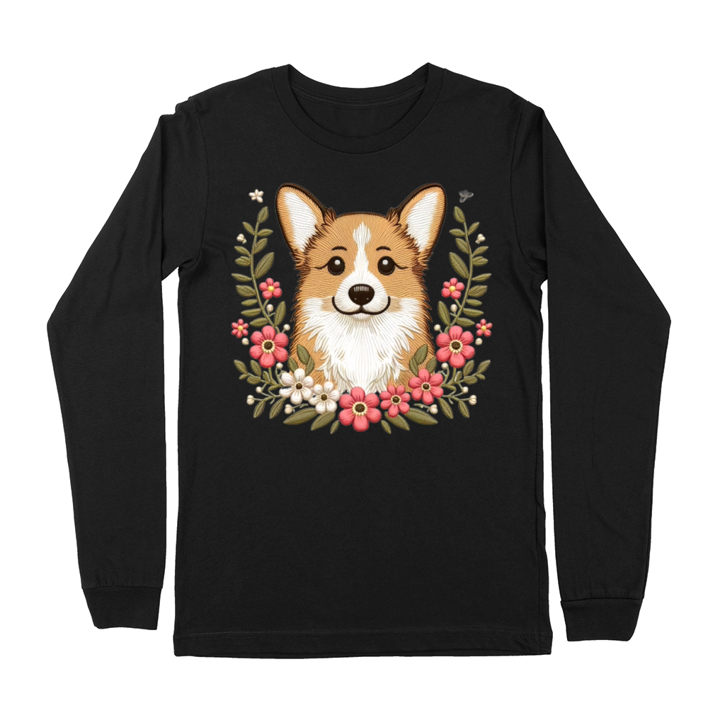 Charming Corgi with Floral Ornaments Premium Long Sleeve