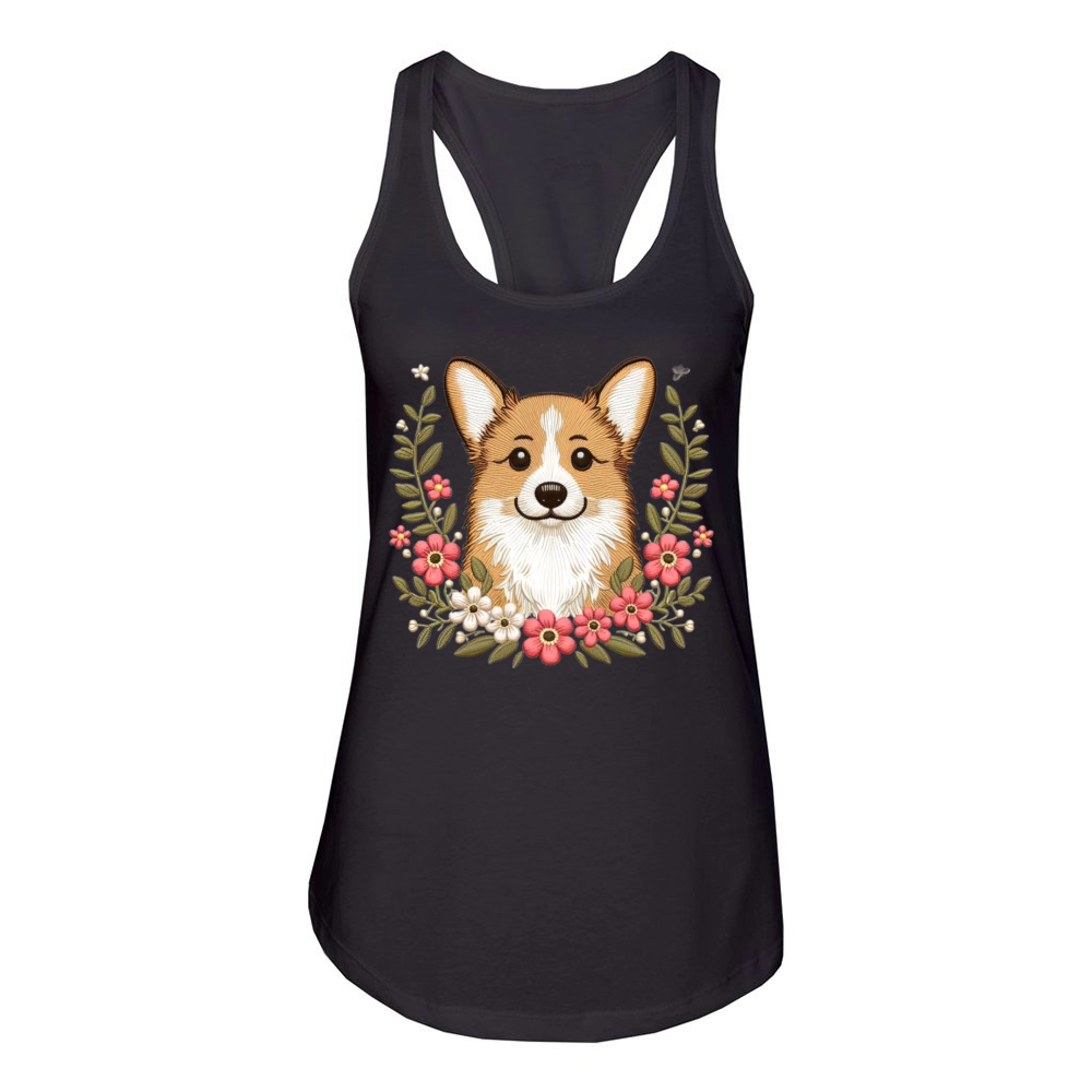 Charming Corgi with Floral Ornaments Women's Racerback Tank