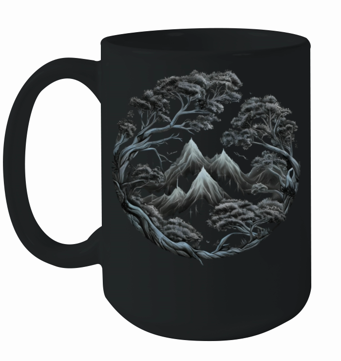 vintage dark colored trees and mountains Ceramic Mug