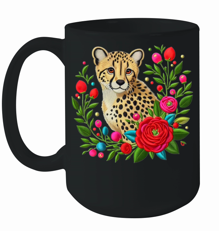 Charming Cheetah with Floral Ornaments Ceramic Mug