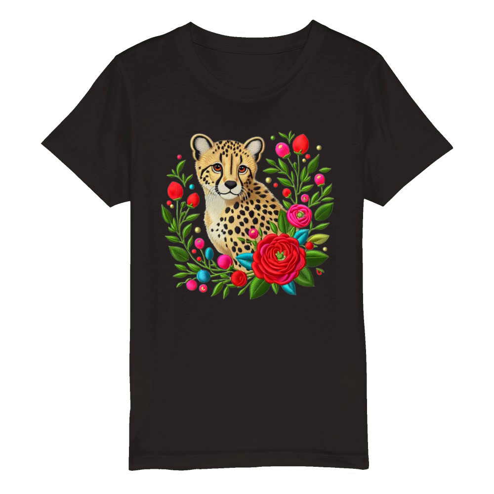 Charming Cheetah with Floral Ornaments Organic Kids Crewneck T-shirt