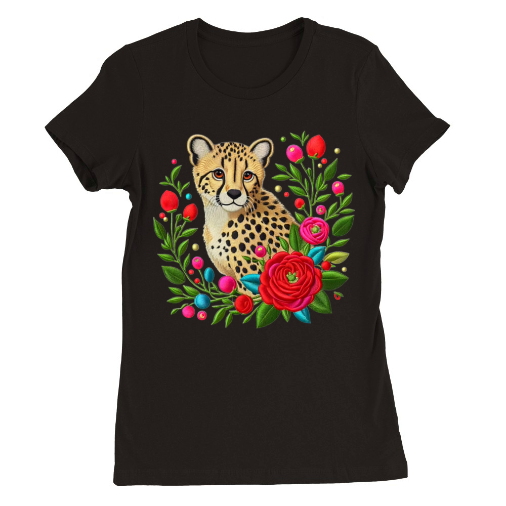 Charming Cheetah with Floral Ornaments Premium Womens Crewneck T-shirt