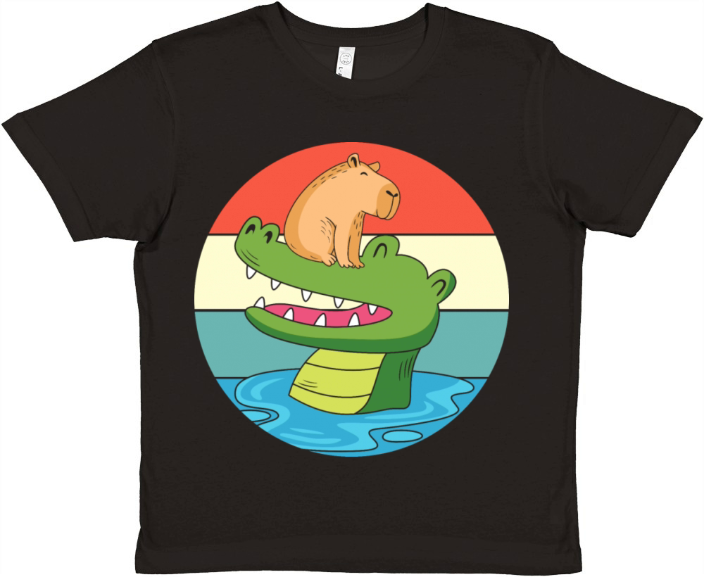 Vintage Animal Print Capybara Riding Crocodile Premium Kids Crewneck T-shirt