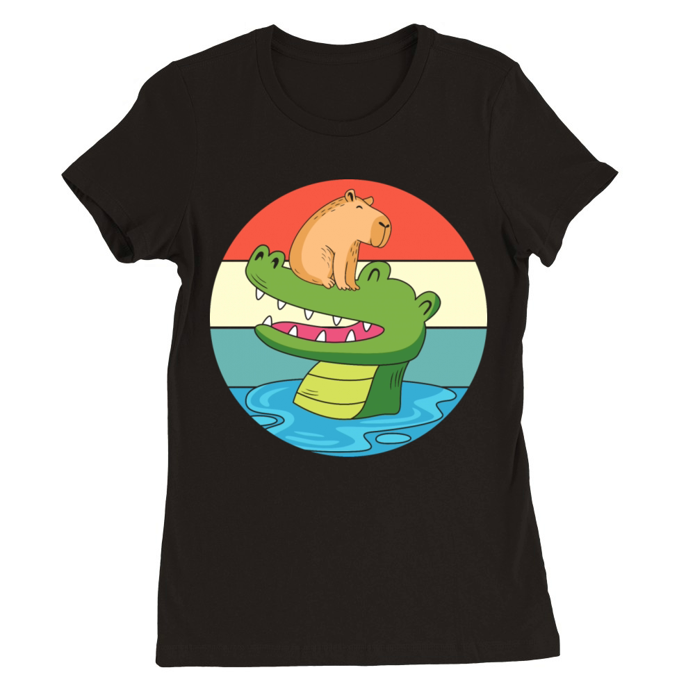 Vintage Animal Print Capybara Riding Crocodile Premium Womens Crewneck T-shirt