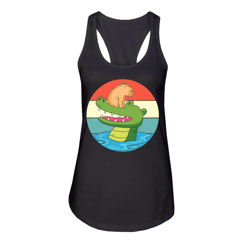 Vintage Animal Print Capybara Riding Crocodile Women's Racerback Tank