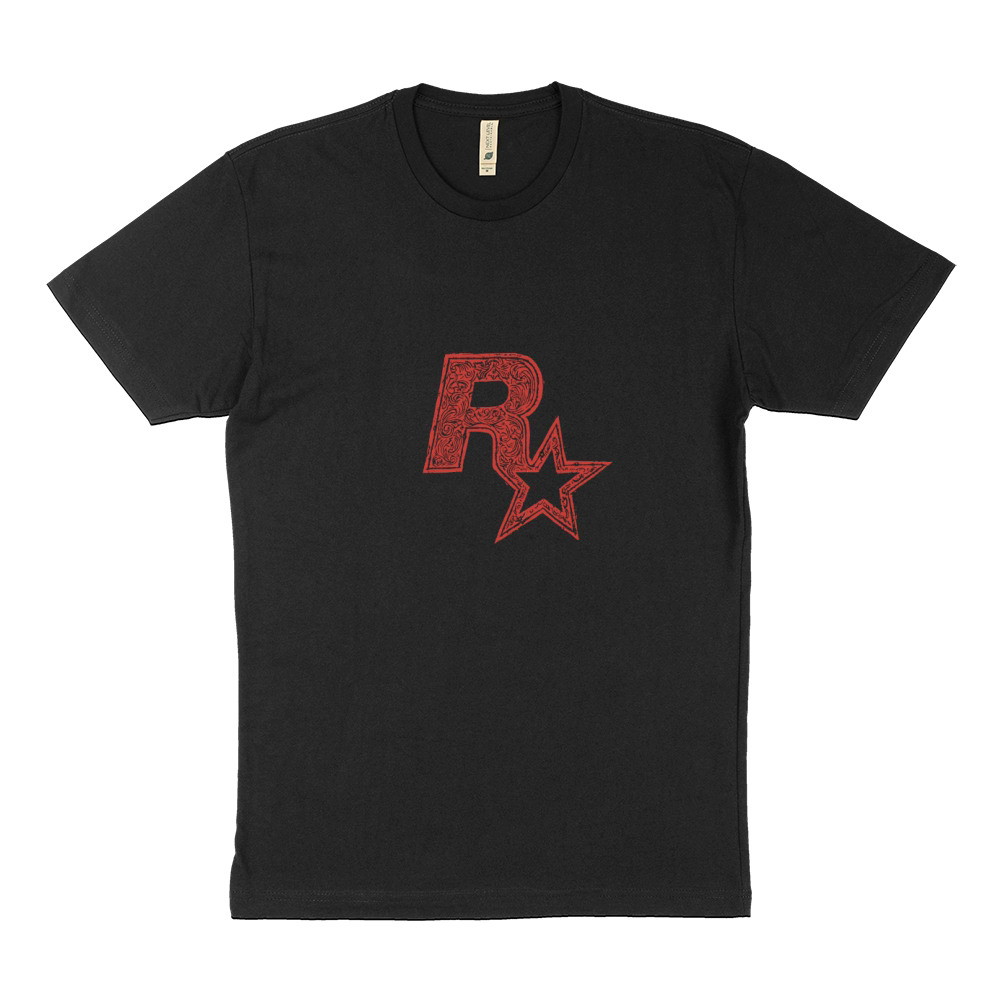 Red On Black Linocut Rockstar Game Logo Sustainable T-Shirt