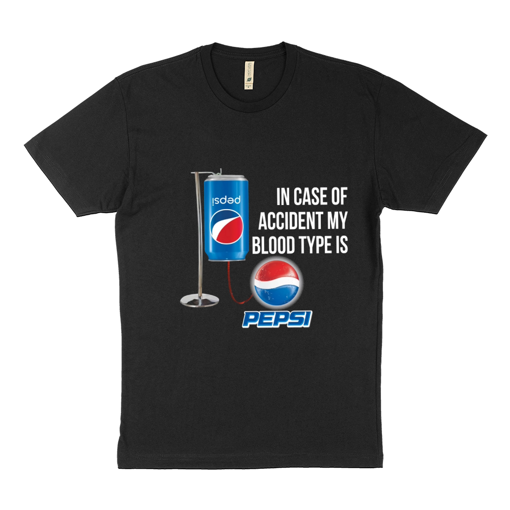 In Case Of Accident My Blood Type Is Pepsi shirt Sustainable T-Shirt