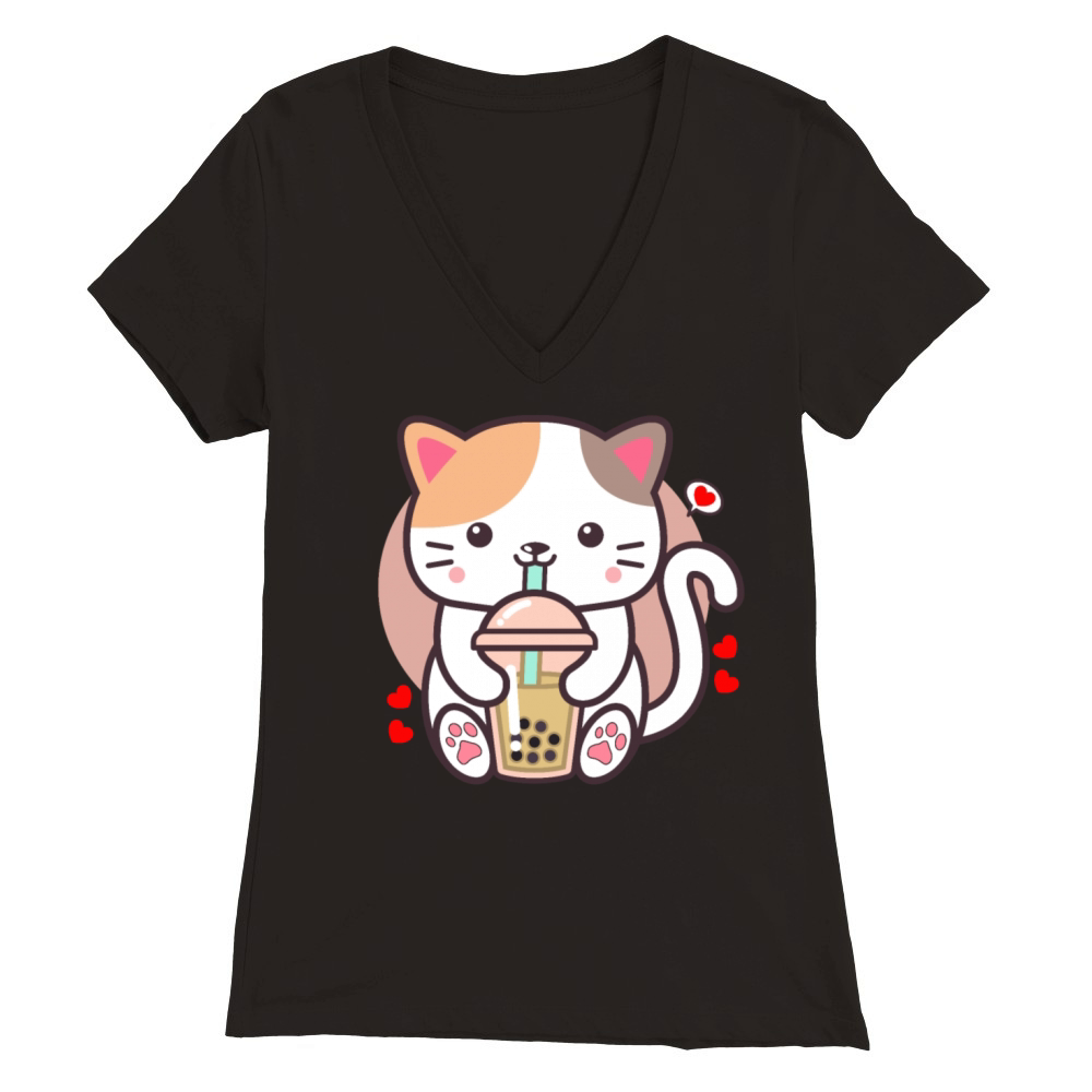 Cute Cat Boba Tea Bubble Tea Anime Japanese Neko Premium Womens V-Neck T-shirt