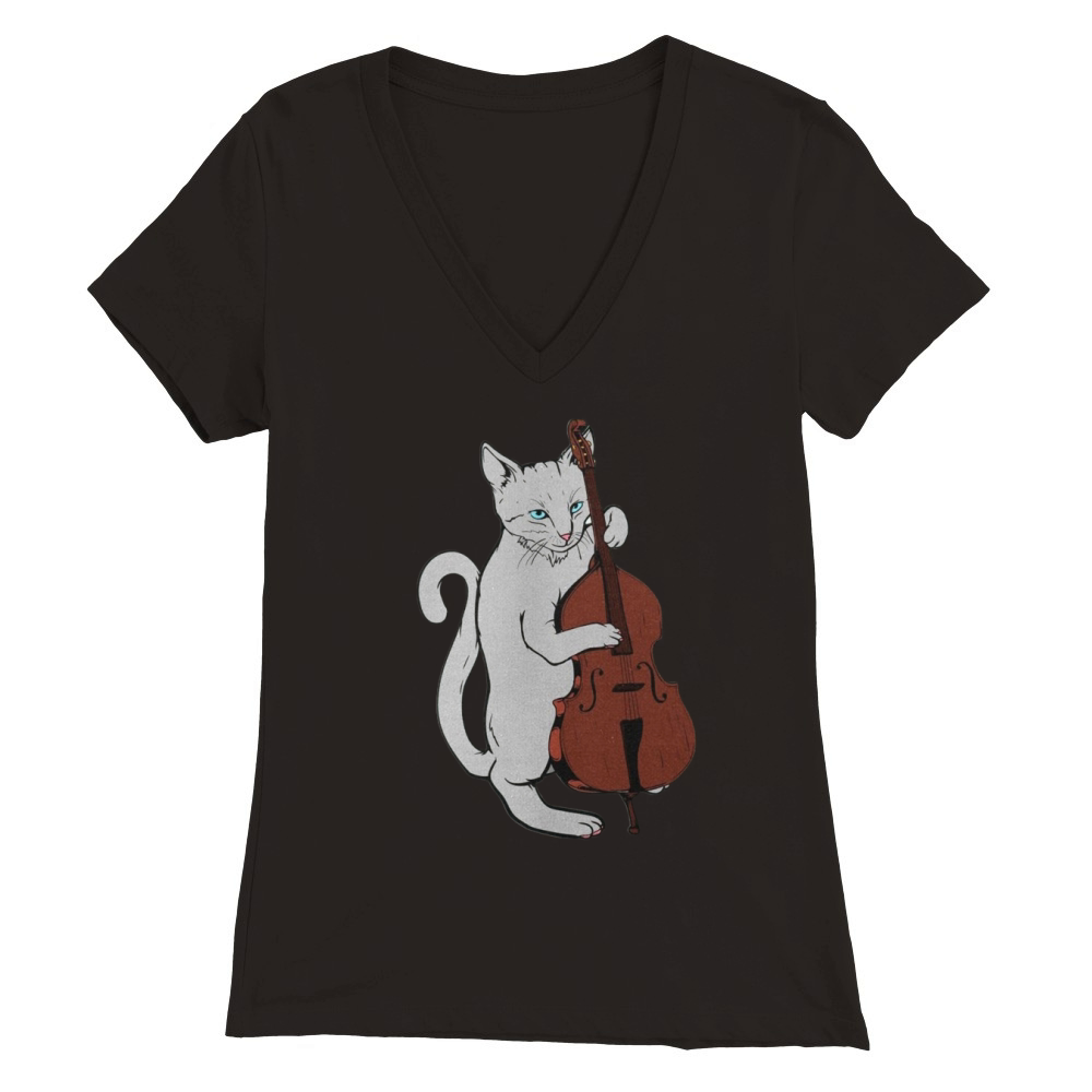Jazz Cat Playing Upright Bass Shirt Cool Musician Premium Womens V-Neck T-shirt