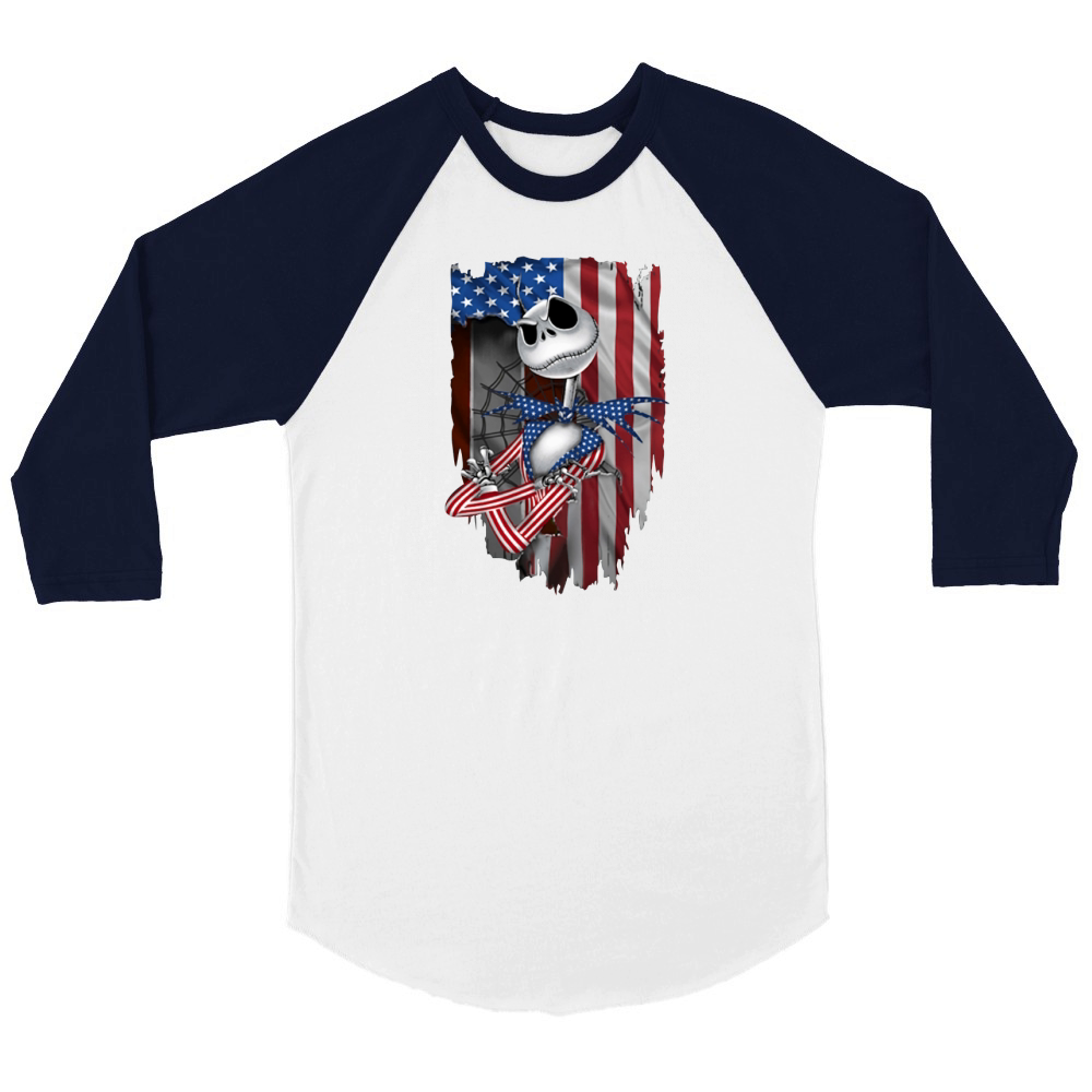 Jack Skellington American flag 4th of July shirt Unisex ¾ sleeve Raglan T-shirt