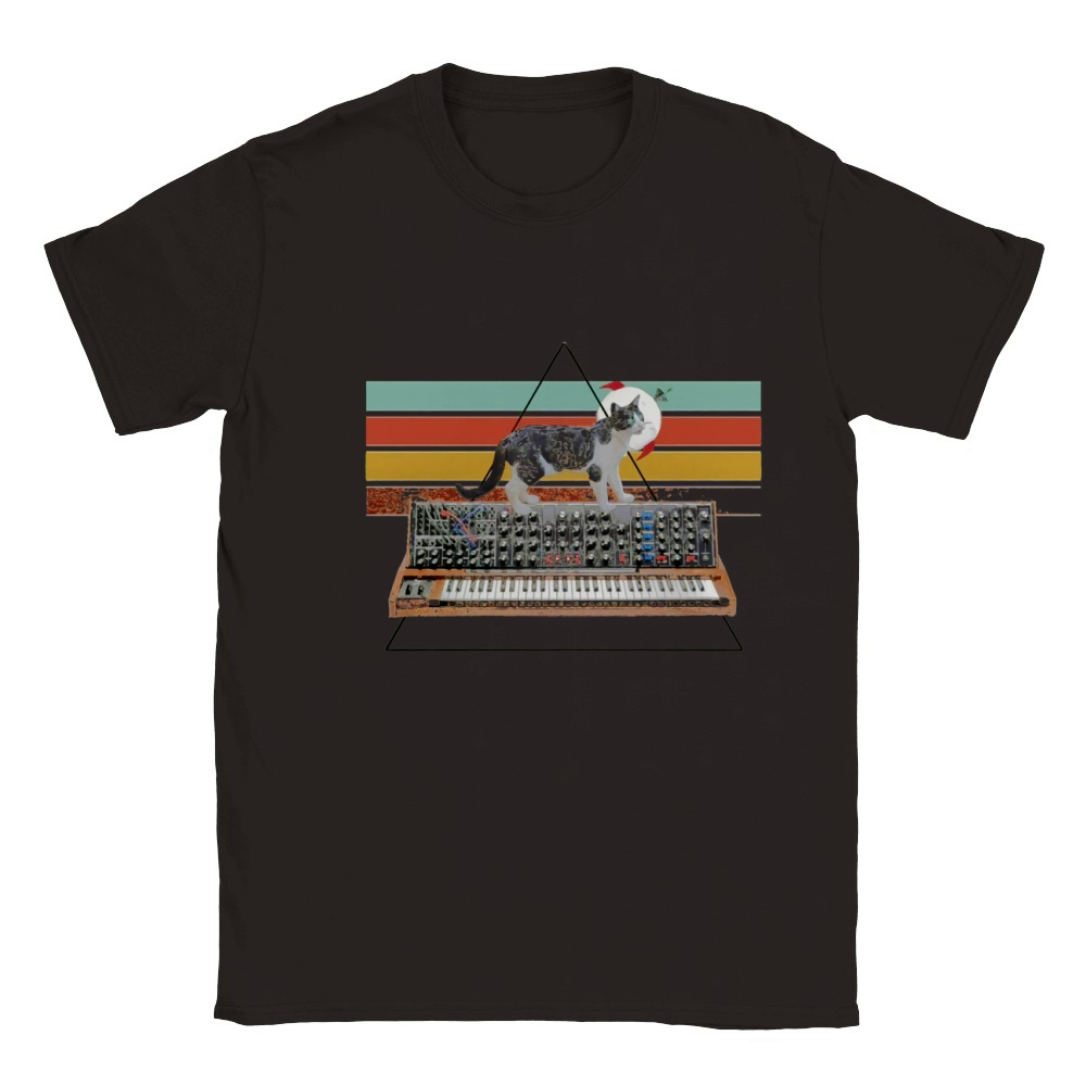 Synth Cat Cat on a synthesizer 70's cat in space helmet Classic Kids Crewneck T-shirt
