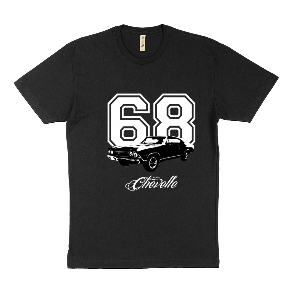 1968 Chevelle Three Quarter Angle View with Year and Model Name Dark Color Sustainable T-Shirt