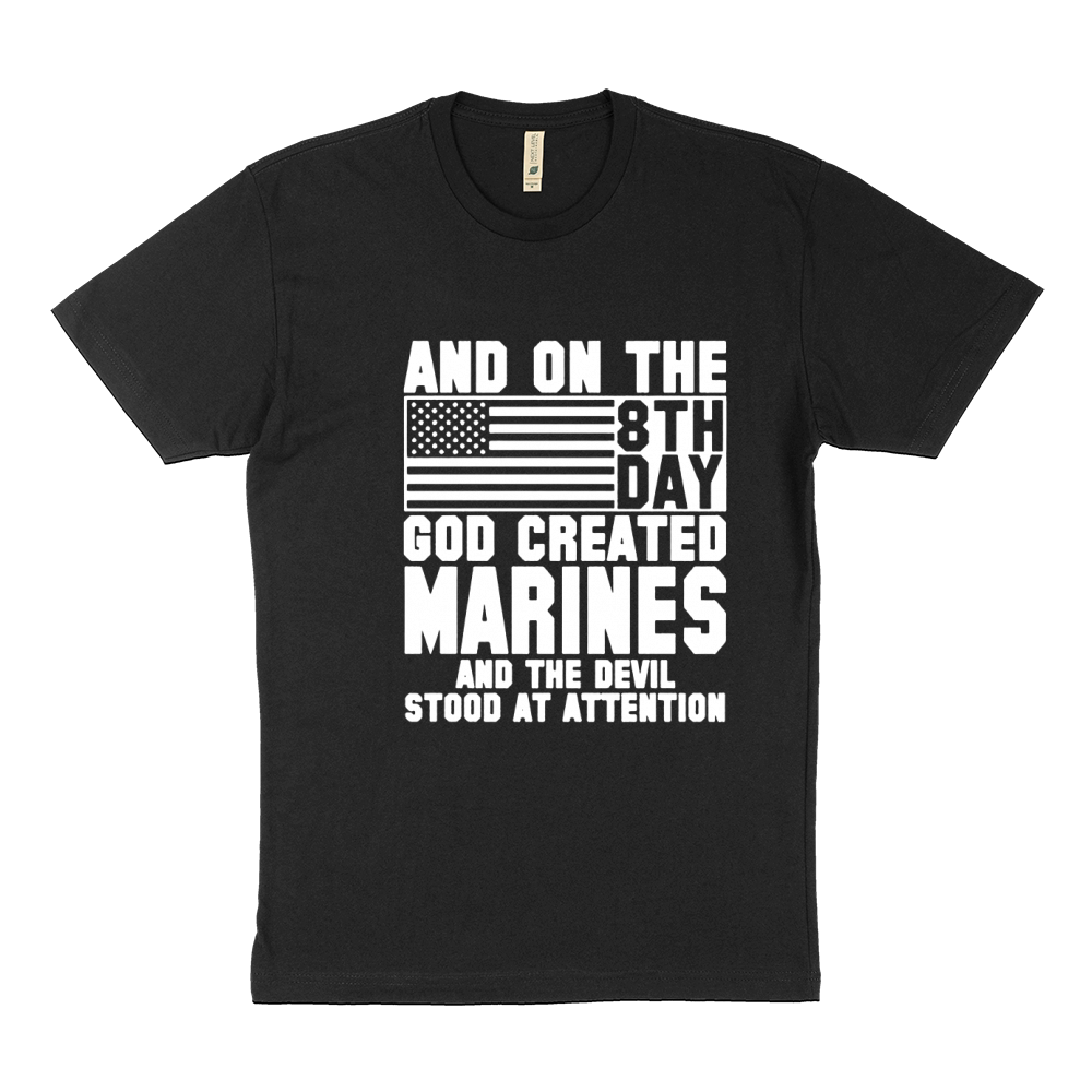 AND ON THE 8TH DAY GOD CREATED marines AND THE EVIL STOOD AT ATTENTION Sustainable T-Shirt
