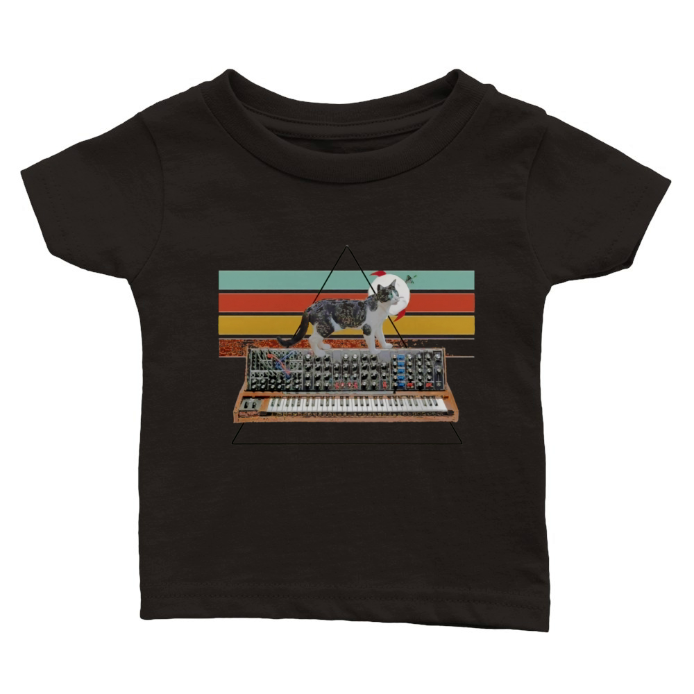 Synth Cat Cat on a synthesizer 70's cat in space helmet Classic Baby Crewneck T-shirt
