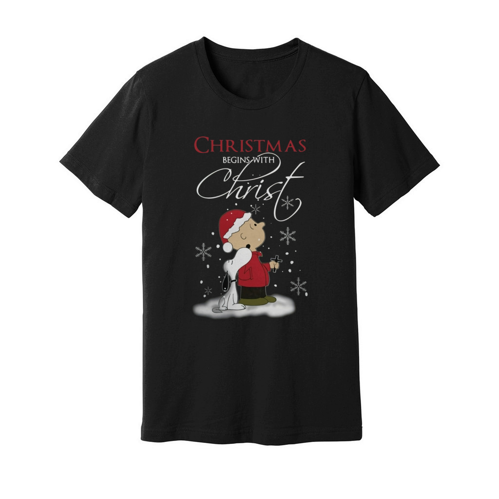 Snoopy and Charlie Christmas begins with Christ Unisex Jersey Tee