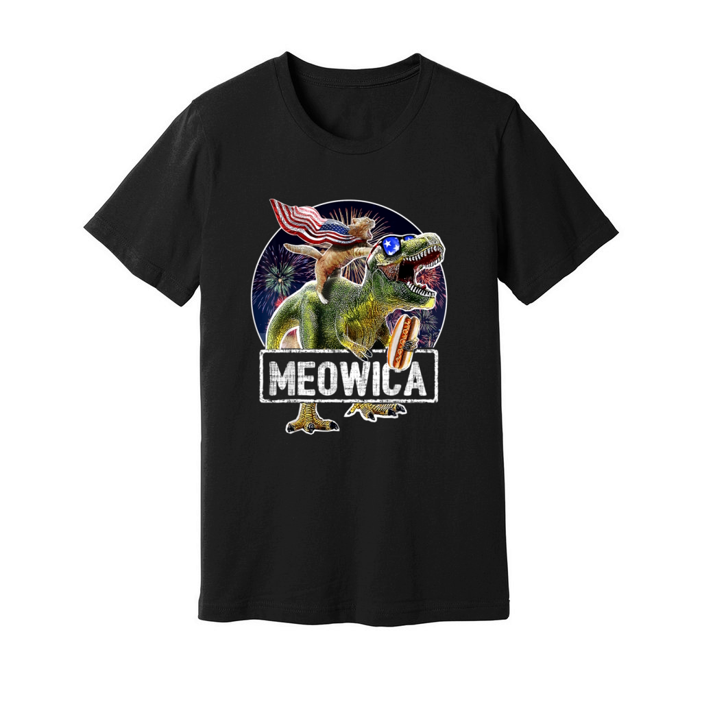 Meowica American Flag Cat T Rex Dinosaur 4th Of July shirt Unisex Jersey Tee