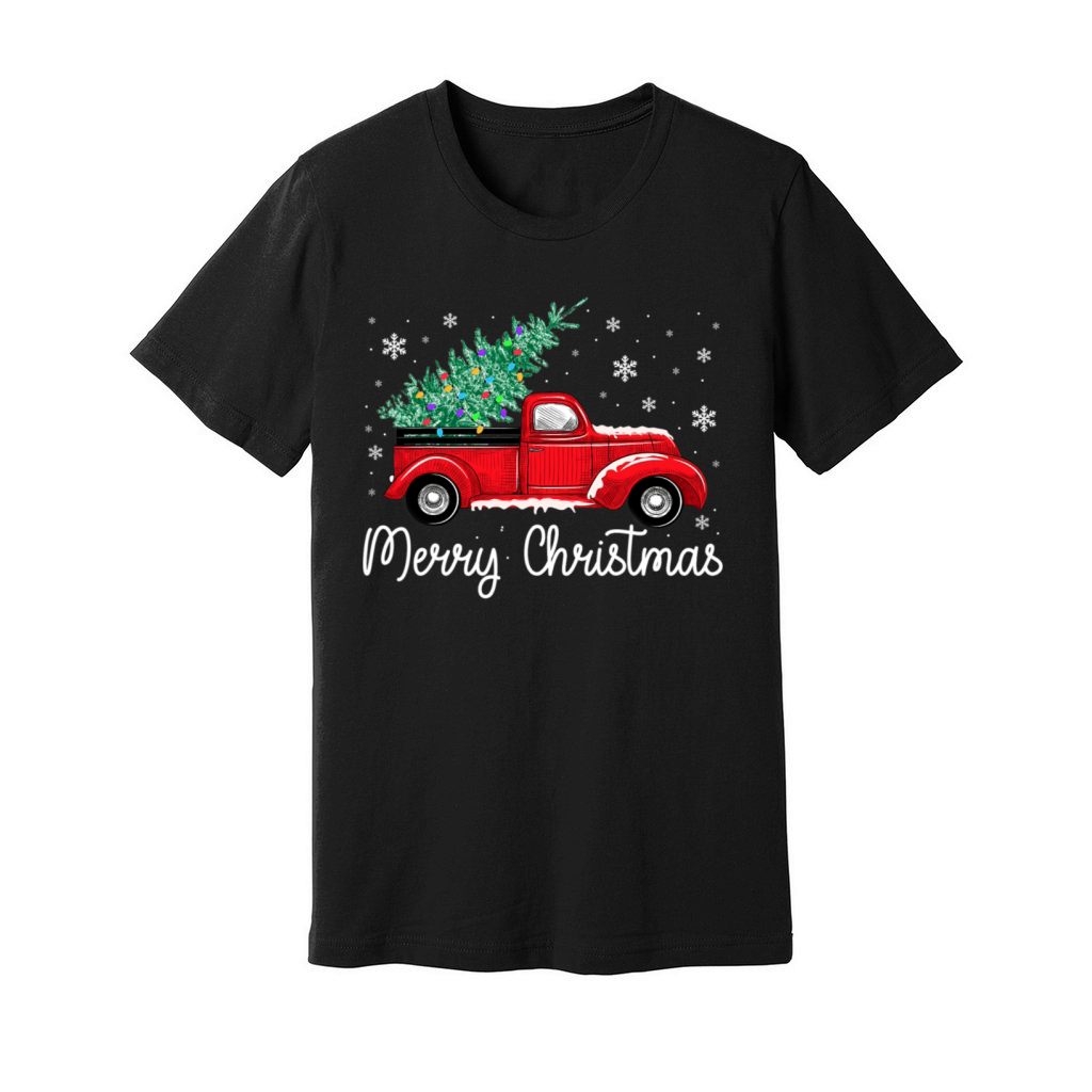 Vintage Red Truck With Merry Christmas Tree Unisex Jersey Tee