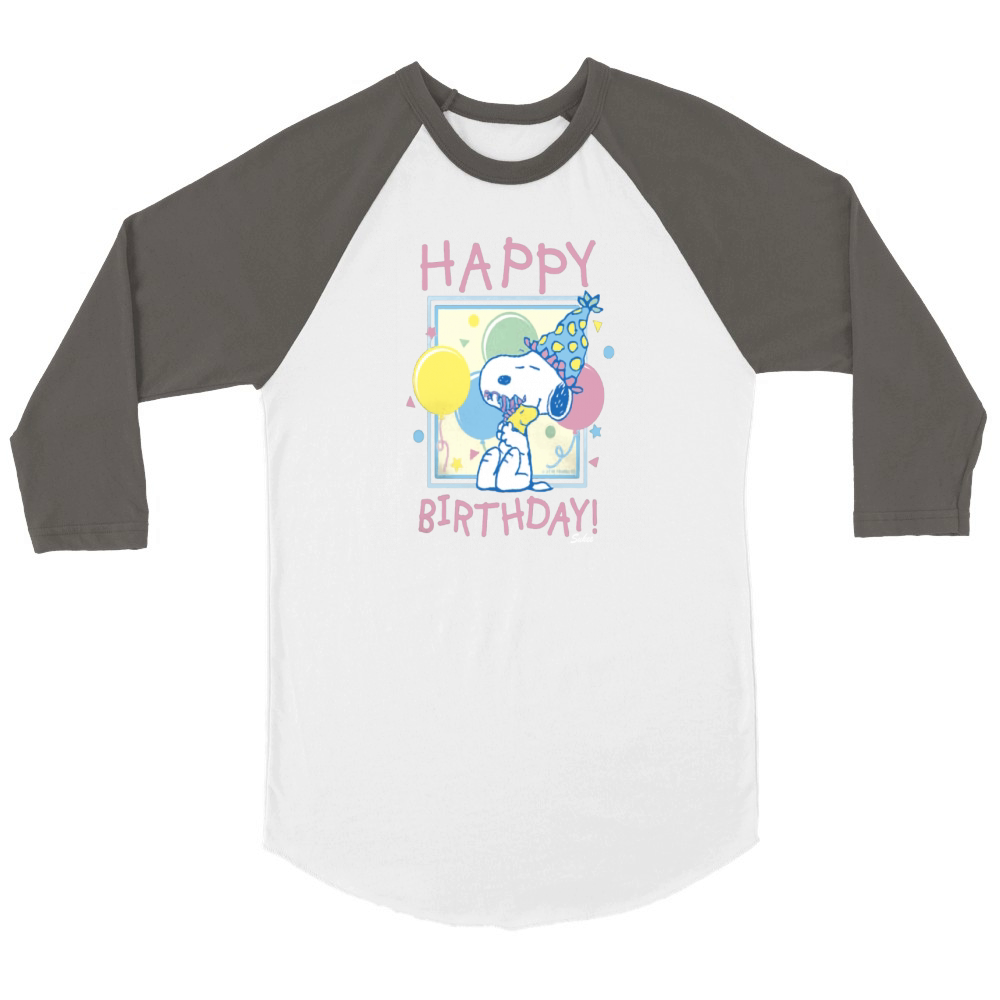 Peanuts Snoopy and Woodstock Happy Birthday Unisex ¾ sleeve Raglan T-shirt