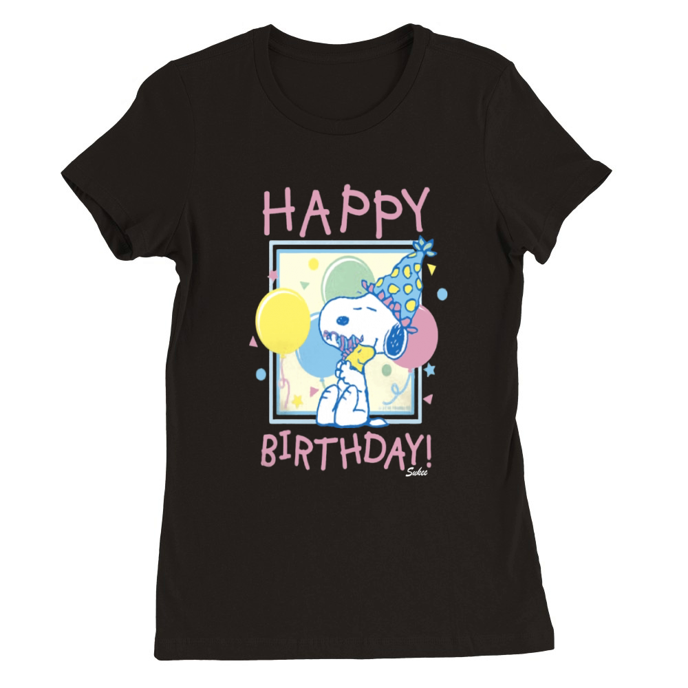 Peanuts Snoopy and Woodstock Happy Birthday Premium Womens Crewneck T-shirt